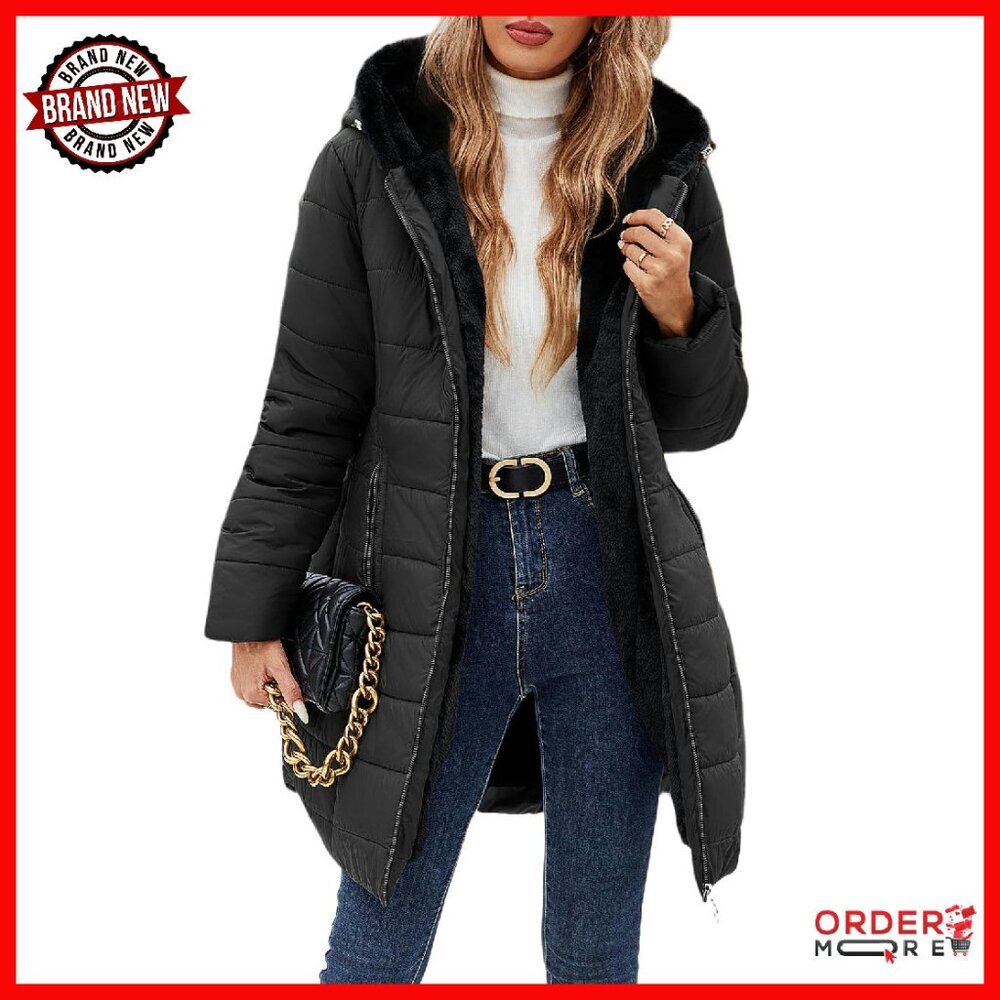 Women's Winter Fleece Down Jacket Hooded Slim Fit Windproof Long Coat